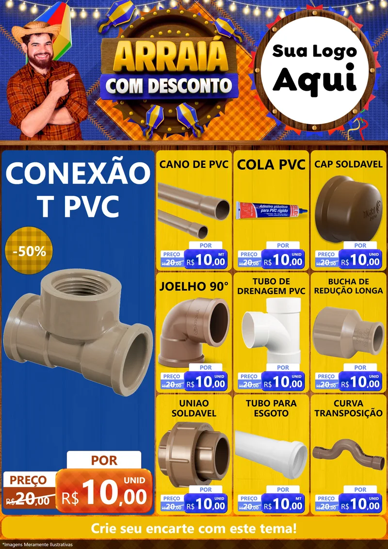 Modelo de Encarte para Encarte A4 Vertical com o tema Arraiá Com Desconto para Tubos e conexões