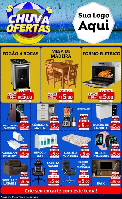 Modelo de Encarte para Encarte Grande com o tema Chuva de Ofertas para Móveis e Eletro