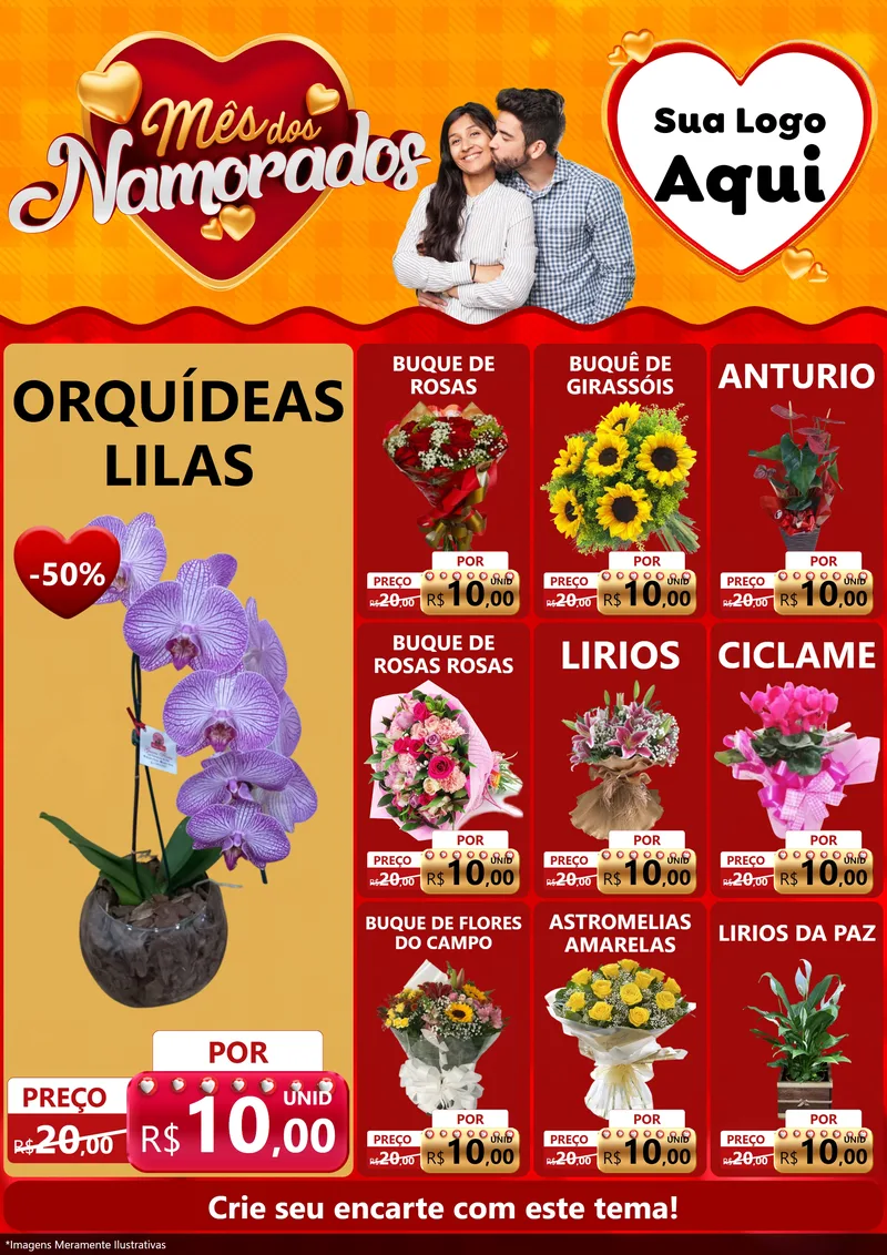 Modelo de Encarte para Encarte A4 Vertical com o tema Mês dos Namorados para Floricultura e jardim