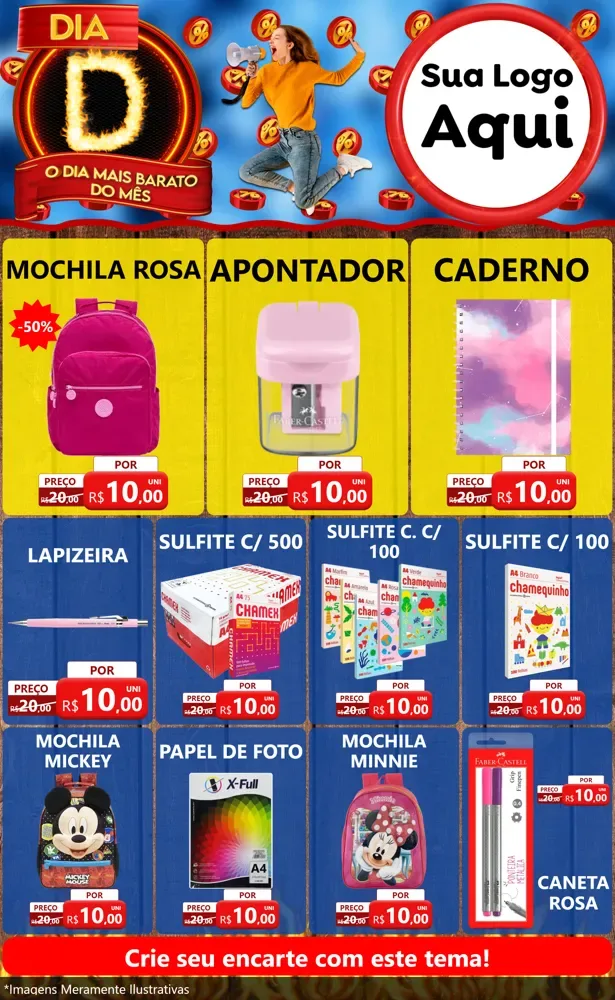 Modelo de Encarte para Encarte Grande com o tema Dia D - O Dia Mais Barato Do Mês para Papelaria
