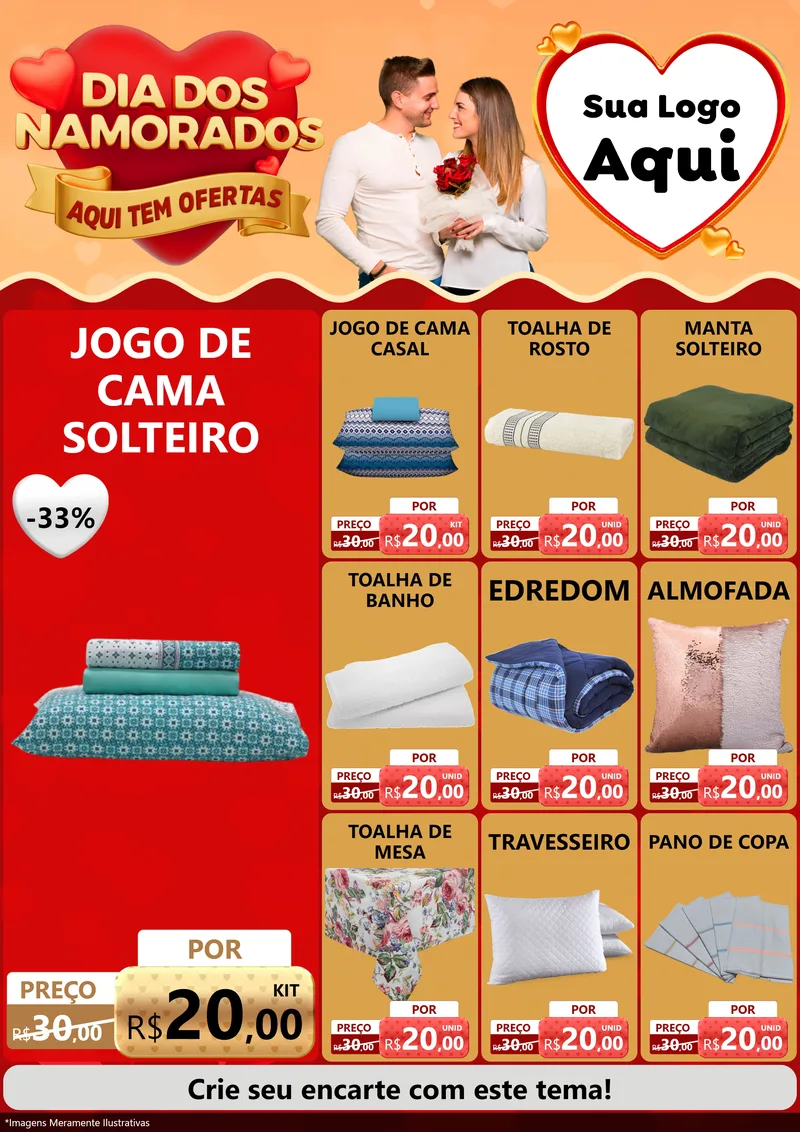 Modelo de Encarte para Encarte A4 Vertical com o tema Dia dos Namorados - Aqui Tem Ofertas para Cama, Mesa e Banho