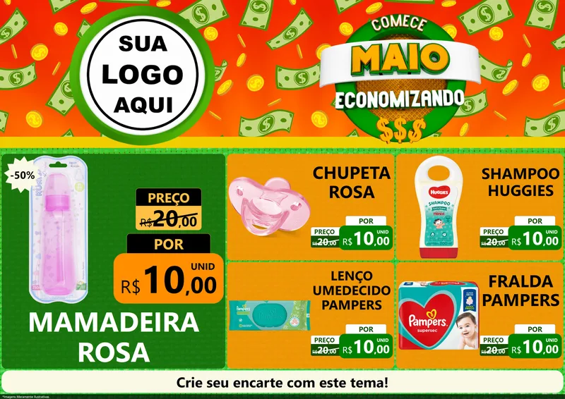 Modelo de Encarte para Encarte A4 Horizontal com o tema Comece Maio Economizando para Bebês