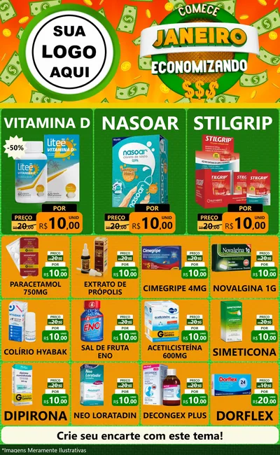 Modelo de Encarte para Encarte Grande com o tema Comece Janeiro Economizando para Farmácia