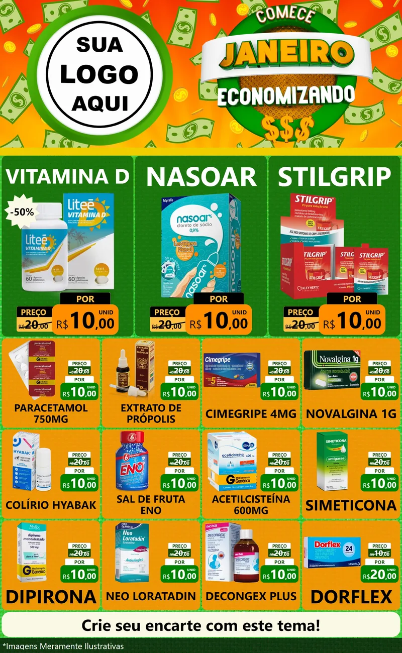Modelo de Encarte para Encarte Grande com o tema Comece Janeiro Economizando para Farmácia