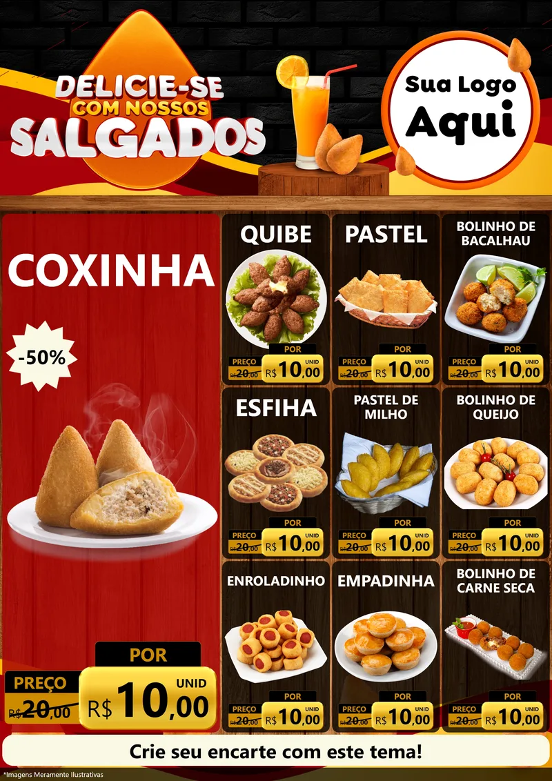 Modelo de Encarte para Encarte A4 Vertical com o tema Delicia-se com Nossos Salgados para Salgadaria