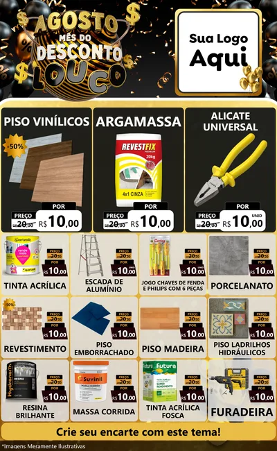 Modelo de Encarte para Encarte Grande com o tema Agosto Mês do Desconto Louco para Material para Construção