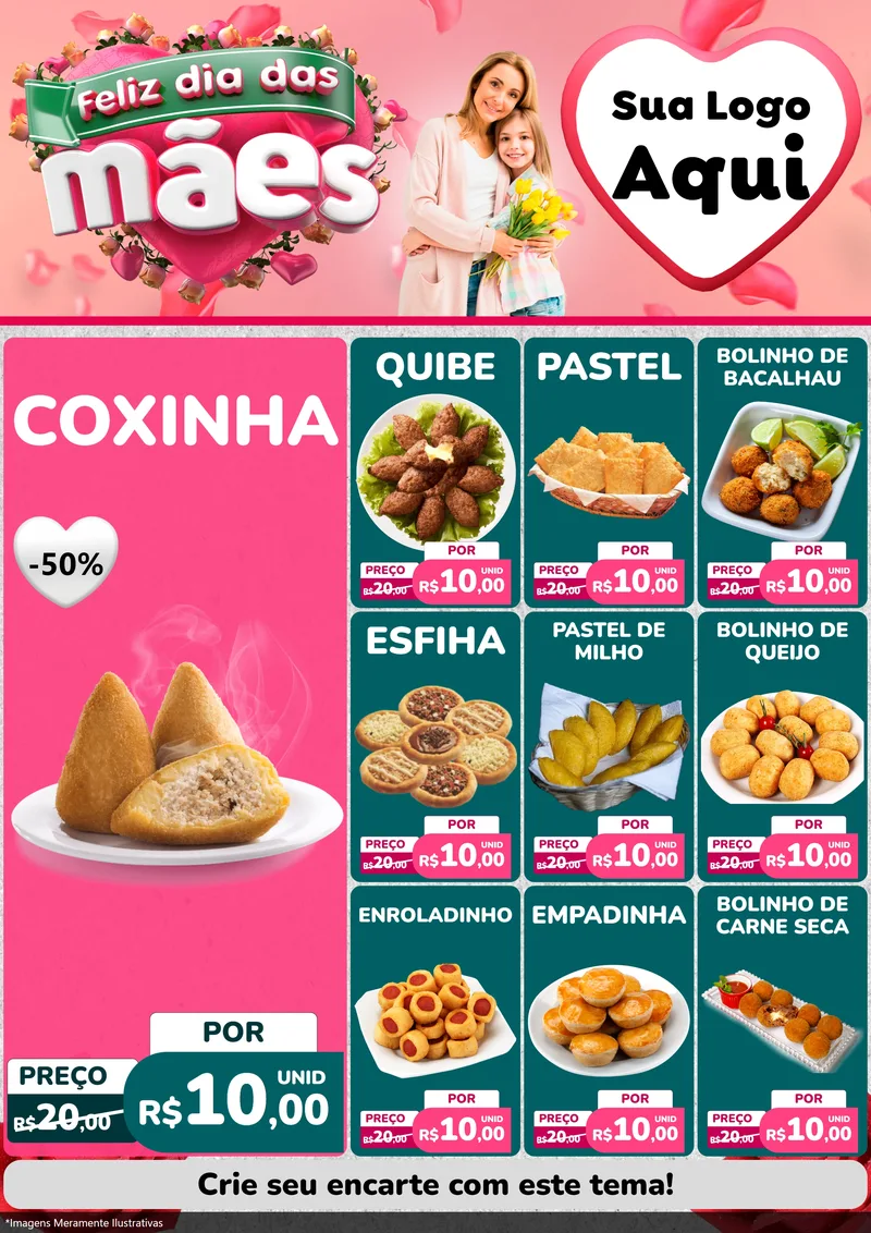 Modelo de Encarte para Encarte A4 Vertical com o tema Feliz Dia das Mães para Salgadaria