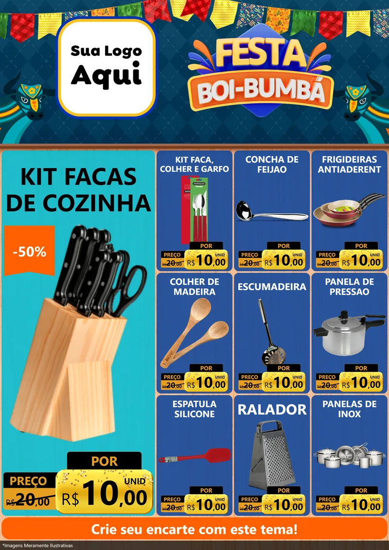 Modelo de Encarte para Encarte A4 Vertical com o tema Festa Boi Bumbá para Utilidades Domésticas