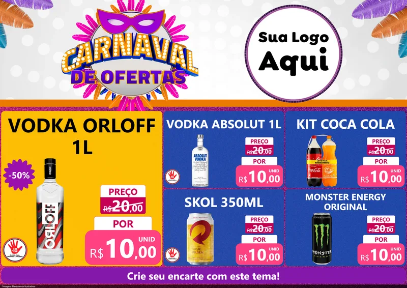 Modelo de Encarte para Encarte A4 Horizontal com o tema Carnaval de Ofertas para Distribuidora de bebidas