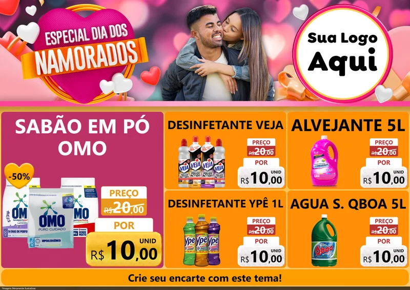 Modelo de Encarte para Encarte A4 Horizontal com o tema Especial Dia dos Namorados para Produtos de Limpeza
