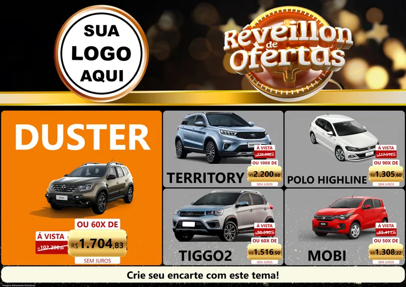 Modelo de Encarte para Encarte A4 Horizontal com o tema Réveillon de Ofertas para Concessionaria de Carros