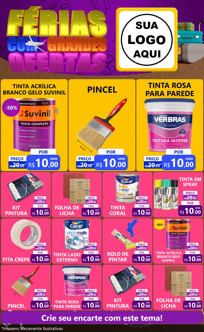 Modelo de Encarte para Encarte Grande com o tema Férias com Grandes Ofertas para Tintas e Ferramentas