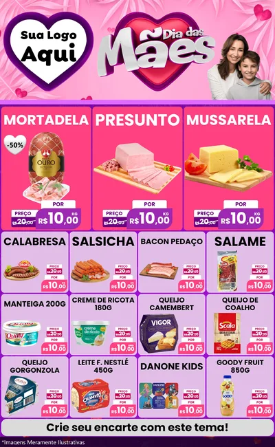 Modelo de Encarte para Encarte Grande com o tema Dia das Mães para Frios e Laticínios