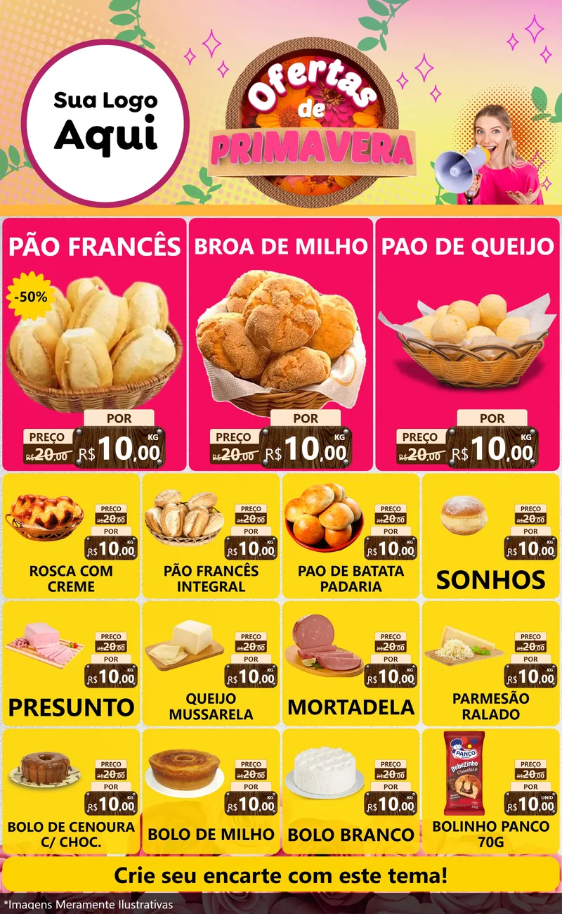 Modelo de Encarte para Encarte Grande com o tema Ofertas de Primavera para Padaria