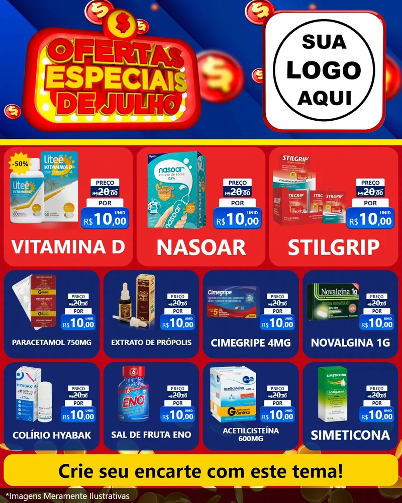 Modelo de Rede Social para Feed Instagram com o tema Ofertas Especiais de Julho para Farmácia