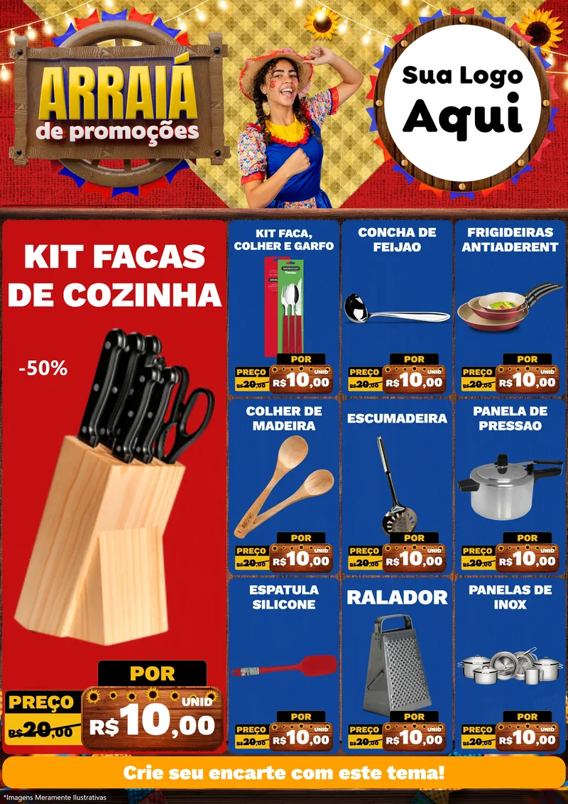 Modelo de Encarte para Encarte A4 Vertical com o tema Arraiá de Promoções para Utilidades Domésticas