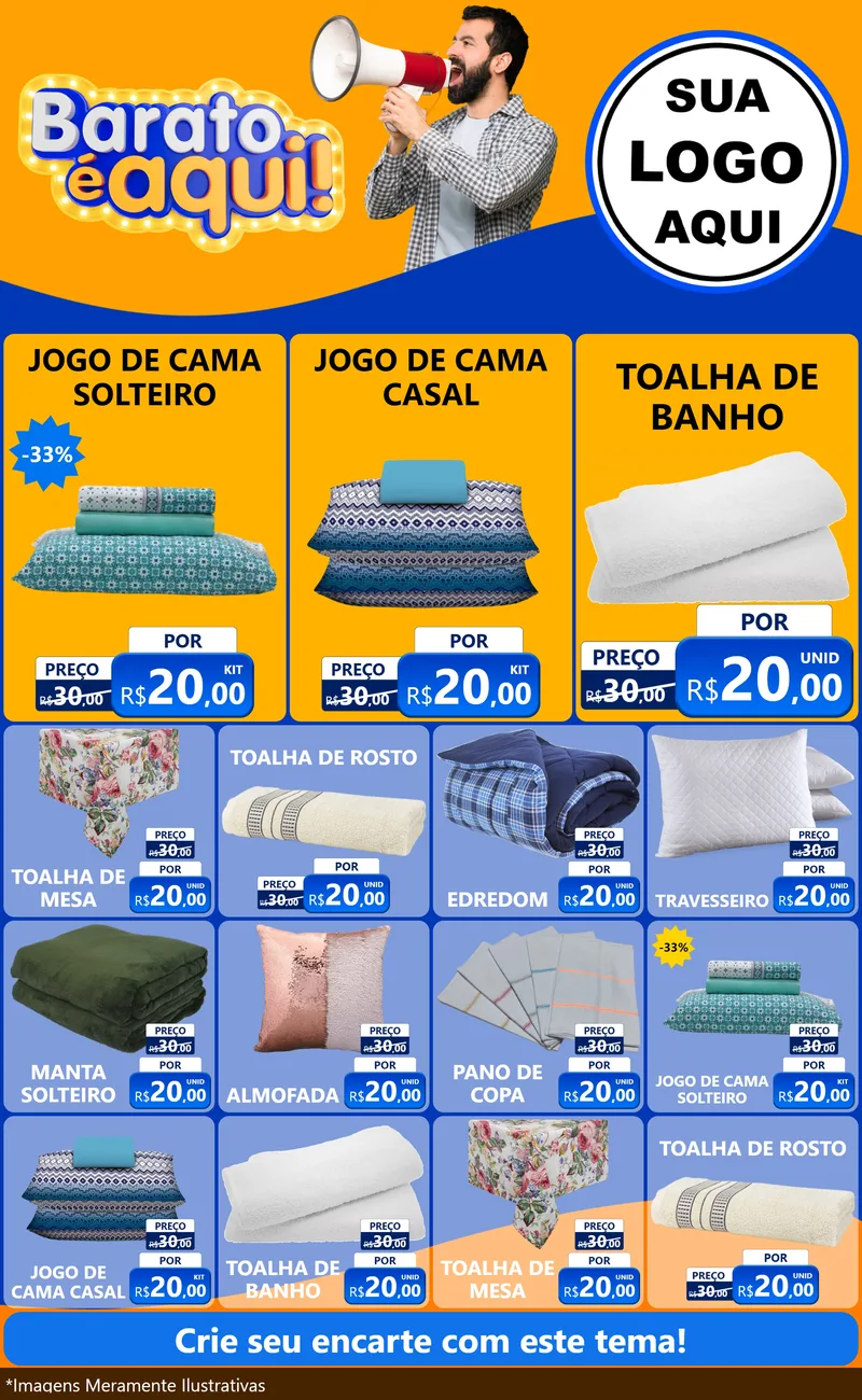 Modelo de Encarte para Encarte Grande com o tema Barato é aqui para Cama, Mesa e Banho