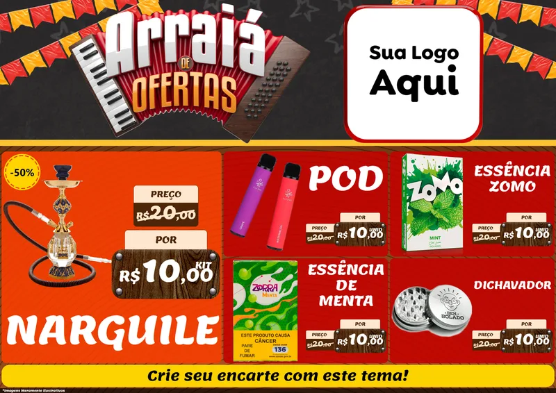 Modelo de Encarte para Encarte A4 Horizontal com o tema Arraiá de Ofertas - Junina para Tabacaria