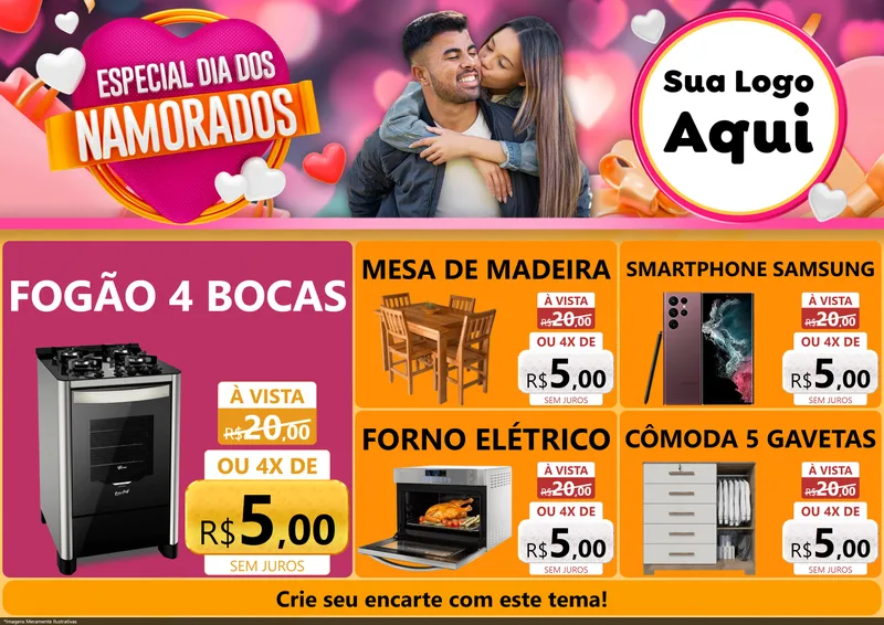 Modelo de Encarte para Encarte A4 Horizontal com o tema Especial Dia dos Namorados para Móveis e Eletro