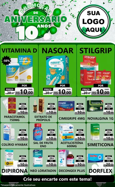 Modelo de Encarte para Encarte Grande com o tema Promoção de Aniversário - 10 Anos para Farmácia