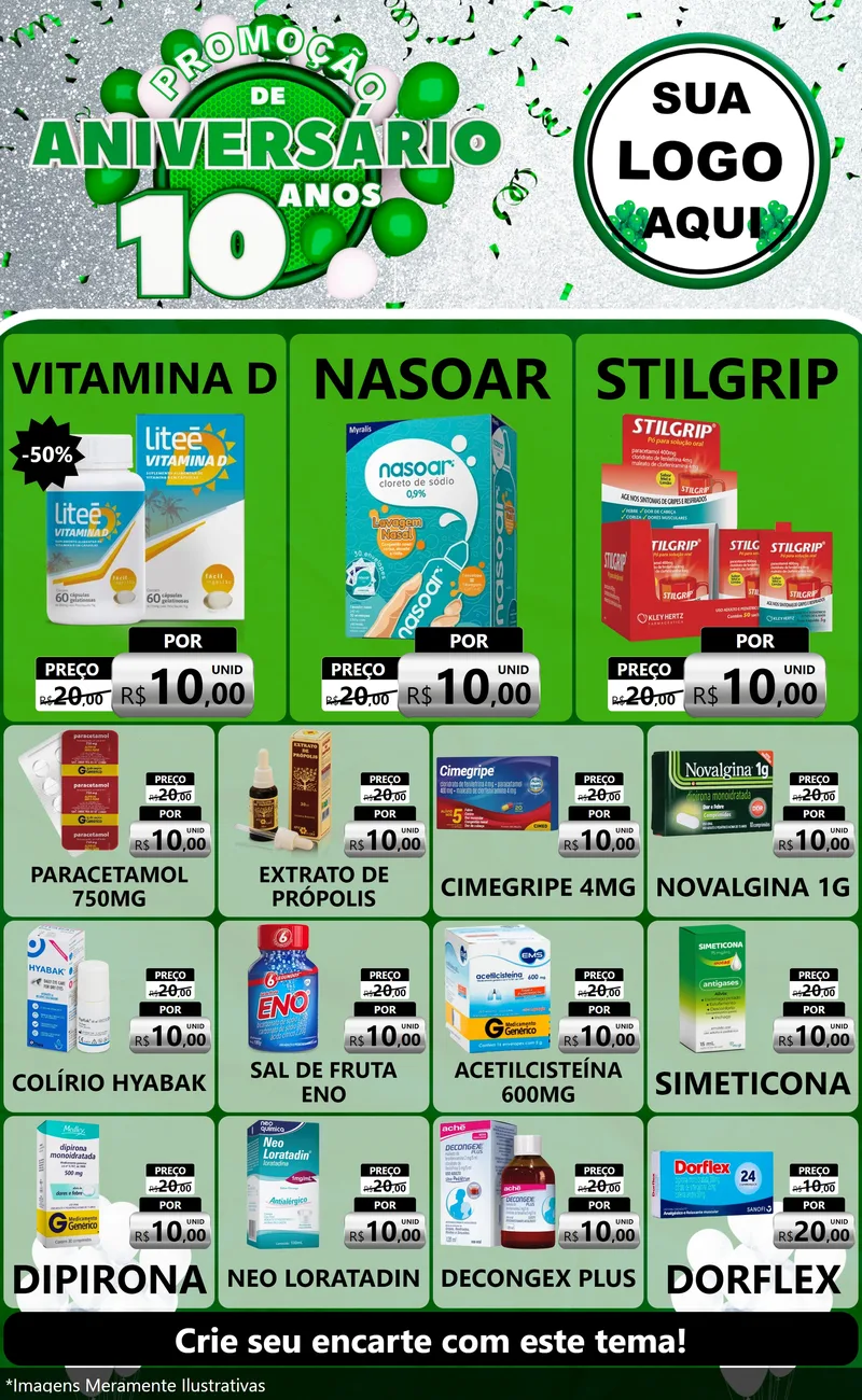 Modelo de Encarte para Encarte Grande com o tema Promoção de Aniversário - 10 Anos para Farmácia