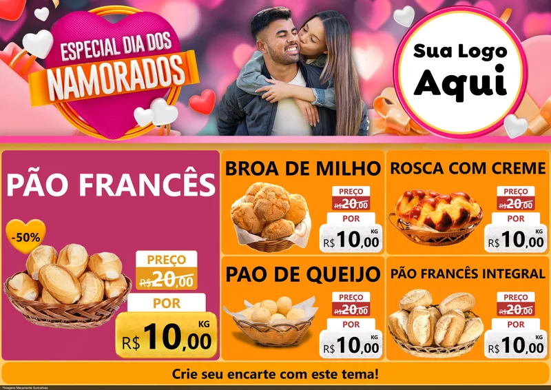 Modelo de Encarte para Encarte A4 Horizontal com o tema Especial Dia dos Namorados para Padaria