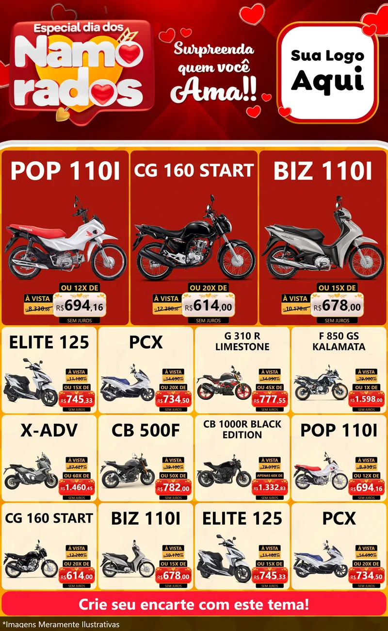 Modelo de Encarte para Encarte Grande com o tema Especial Dia dos Namorados para Concessionaria de Motos