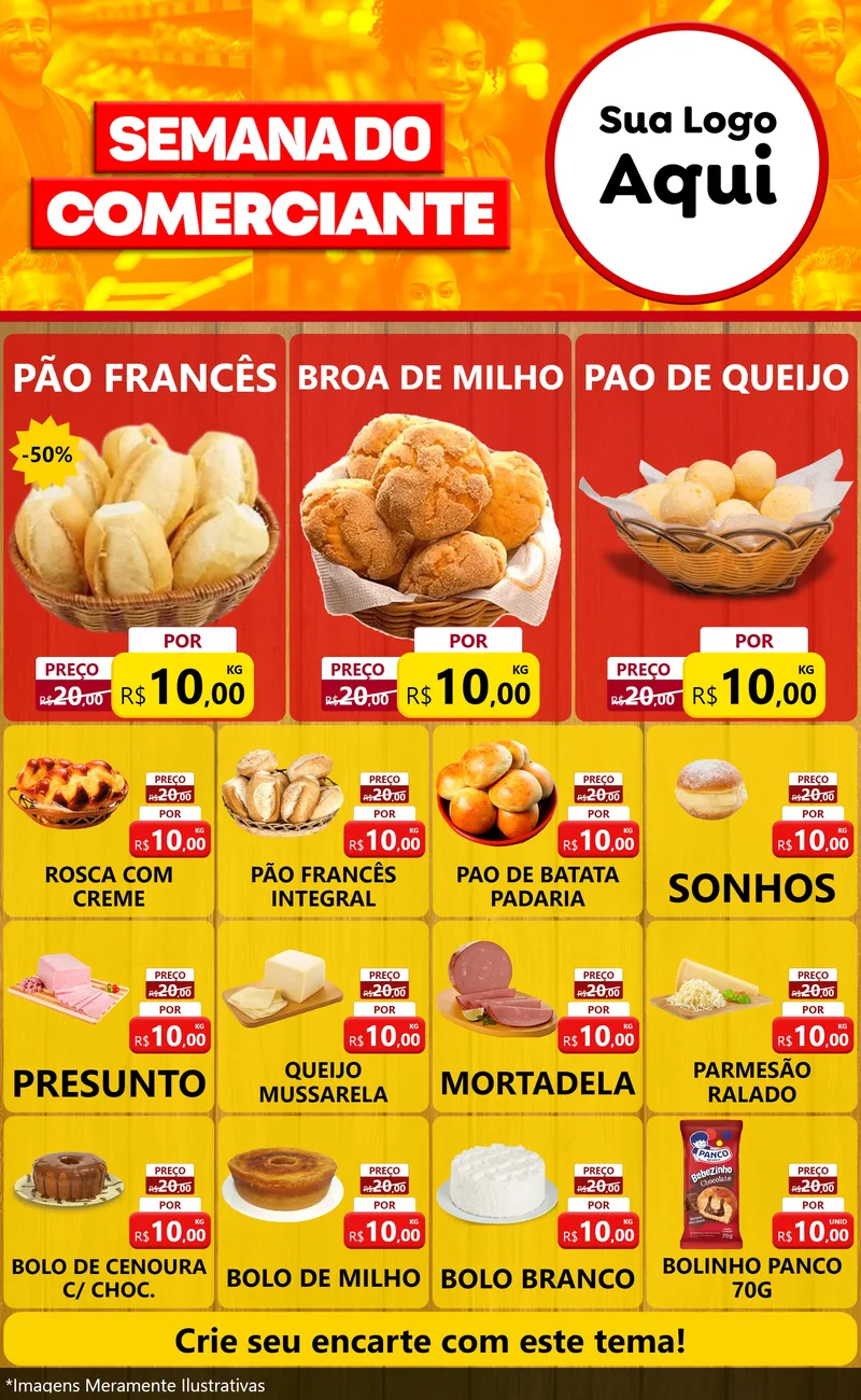 Modelo de Encarte para Encarte Grande com o tema Semana do Comerciante para Padaria