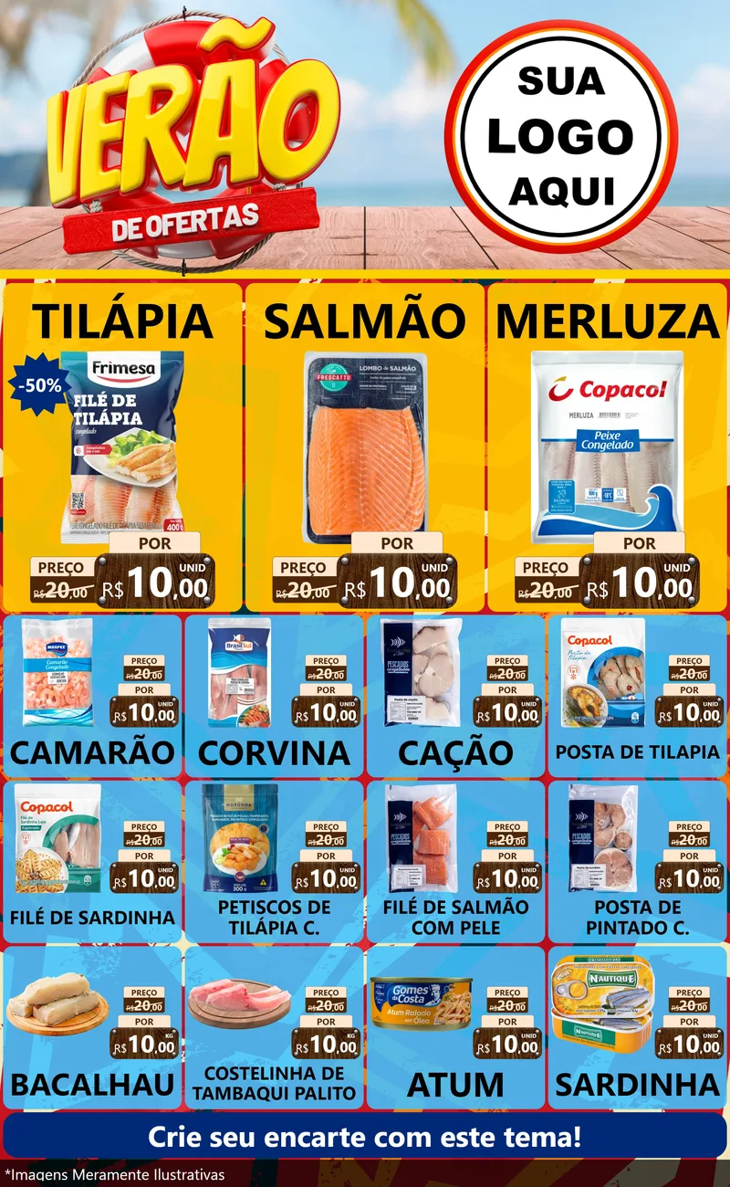 Modelo de Encarte para Encarte Grande com o tema Verão de Ofertas para Peixaria