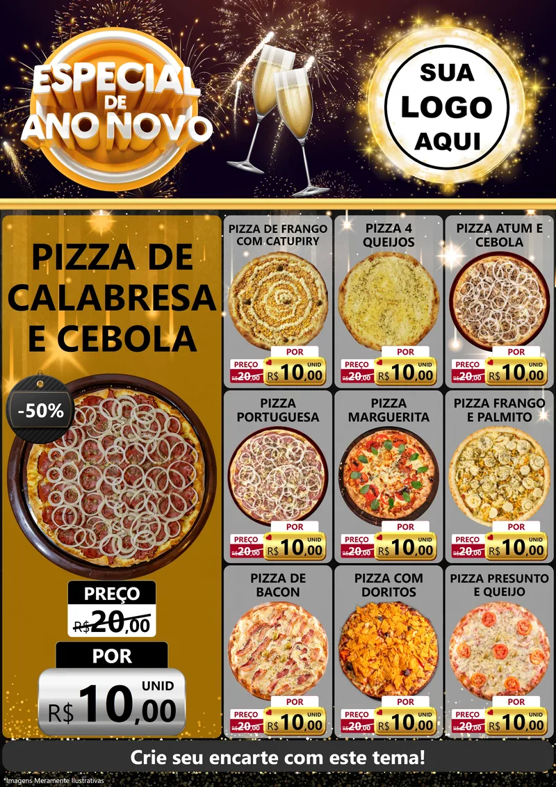 Modelo de Encarte para Encarte A4 Vertical com o tema Especial de Ano Novo para Pizzaria
