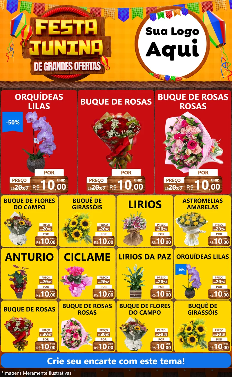 Modelo de Encarte para Encarte Grande com o tema Festa Junina de Grandes Ofertas para Floricultura e jardim