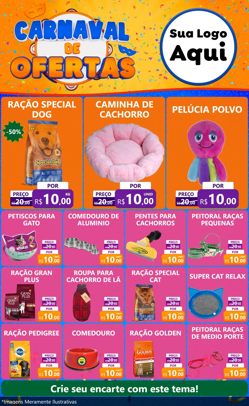 Modelo de Encarte para Encarte Grande com o tema Carnaval de Ofertas para Pet Shop