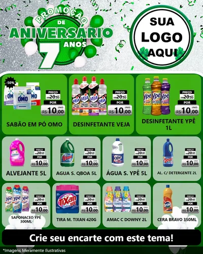 Modelo de Rede Social para Feed Instagram com o tema Promoção de Aniversário - 7 Anos para Produtos de Limpeza