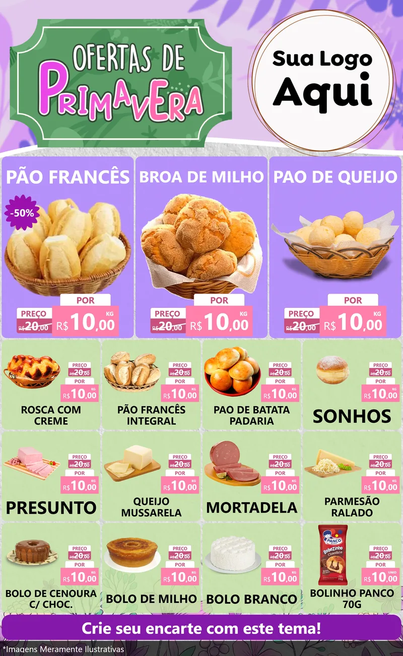 Modelo de Encarte para Encarte Grande com o tema Ofertas de Primavera para Padaria