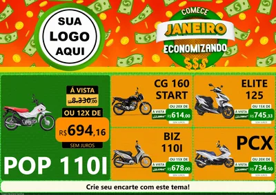 Modelo de Encarte para Encarte A4 Horizontal com o tema Comece Janeiro Economizando para Concessionaria de Motos