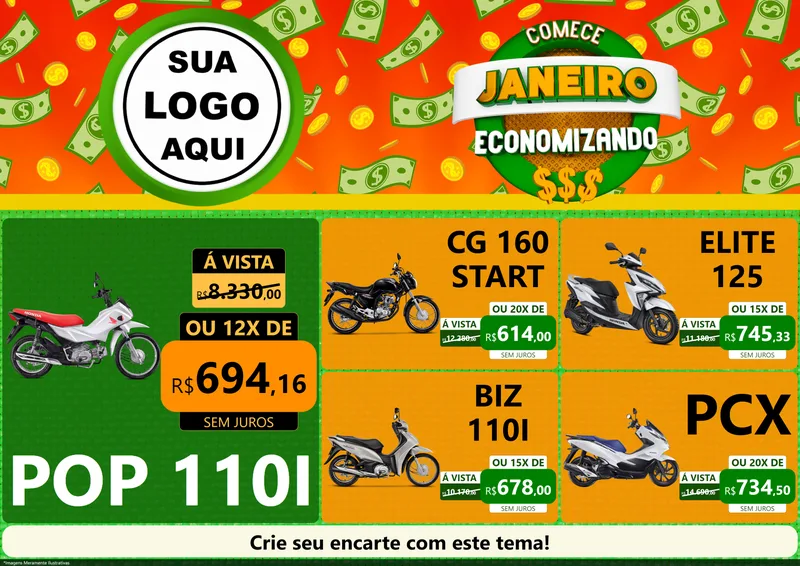 Modelo de Encarte para Encarte A4 Horizontal com o tema Comece Janeiro Economizando para Concessionaria de Motos