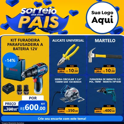Modelo de Rede Social para Feed Facebook com o tema Sorteio Dia dos Pais para Maquinas e Ferramentas
