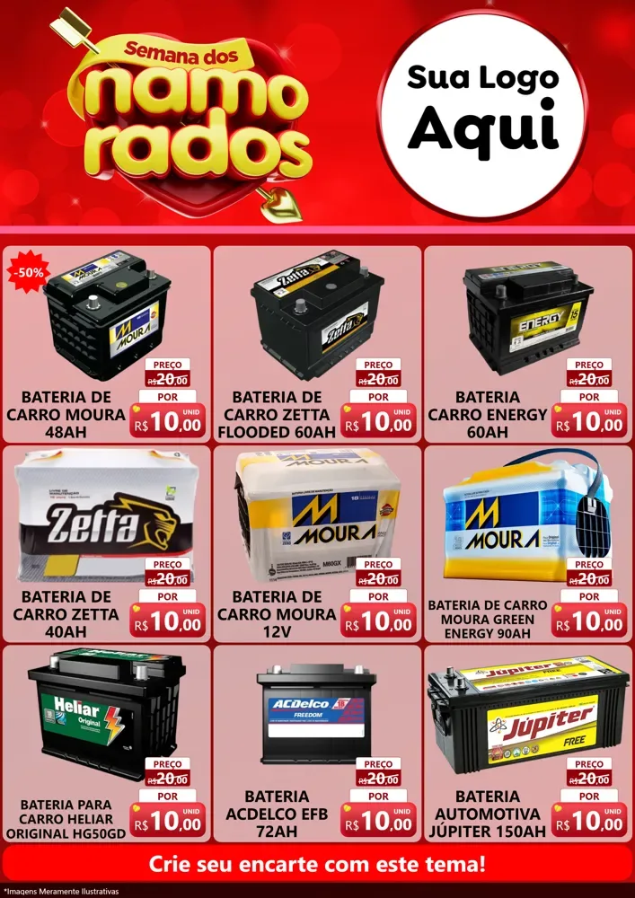 Modelo de Encarte para Encarte A4 Vertical com o tema Semana dos namorados para Baterias Elétricas