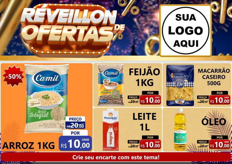 Modelo de Encarte para Encarte A4 Horizontal com o tema Réveillon de Ofertas para Supermercado