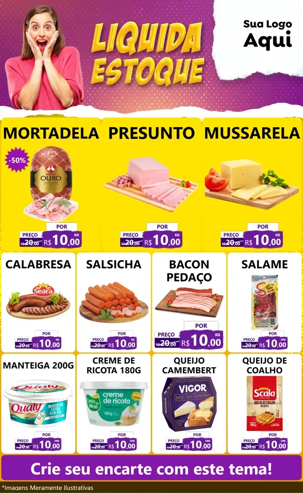 Modelo de Encarte para Encarte Grande com o tema Liquida estoque para Frios e Laticínios