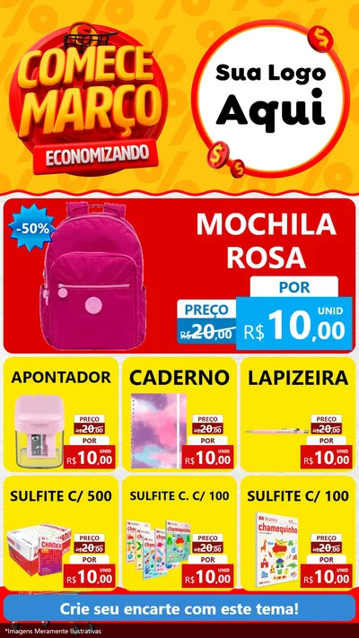 Modelo de Rede Social para Stories com o tema Comece Março Economizando para Papelaria