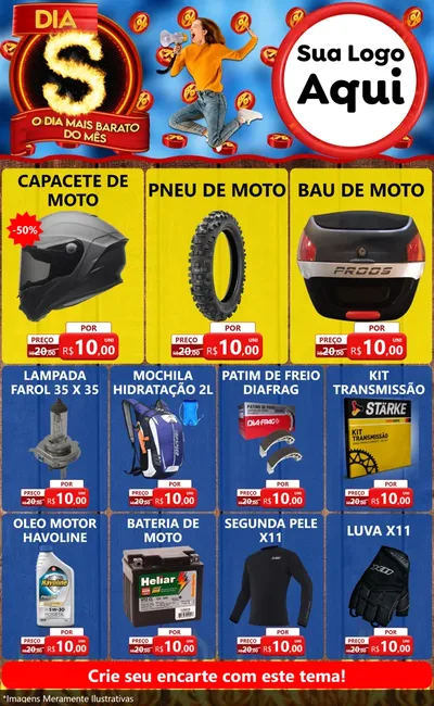 Modelo de Encarte para Encarte Grande com o tema Dia S - O Dia Mais Barato Do Mês para Moto peças