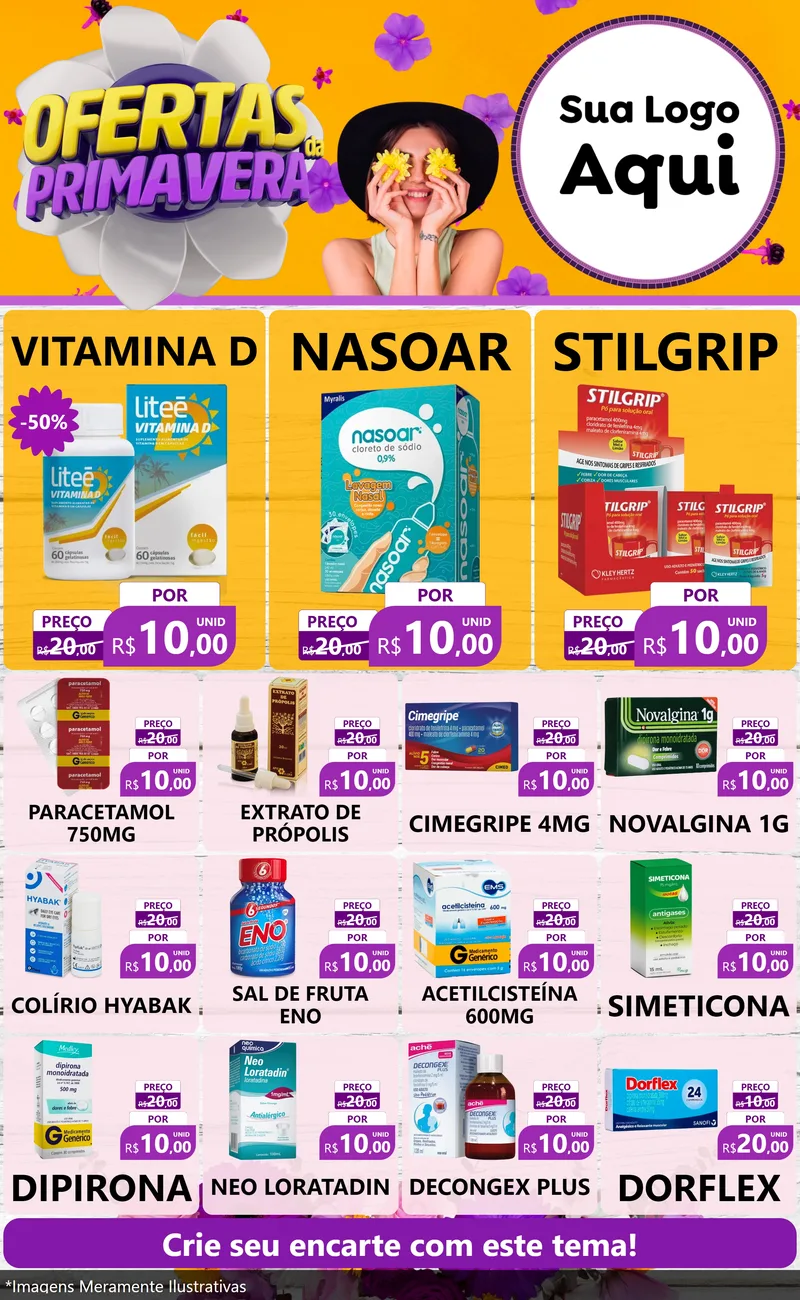 Modelo de Encarte para Encarte Grande com o tema Ofertas Da Primavera para Farmácia