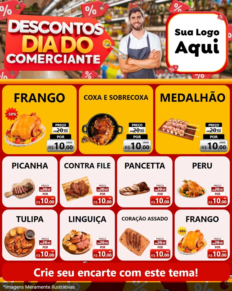 Modelo de Rede Social para Feed Instagram com o tema Descontos Dia do Comerciante para Assados