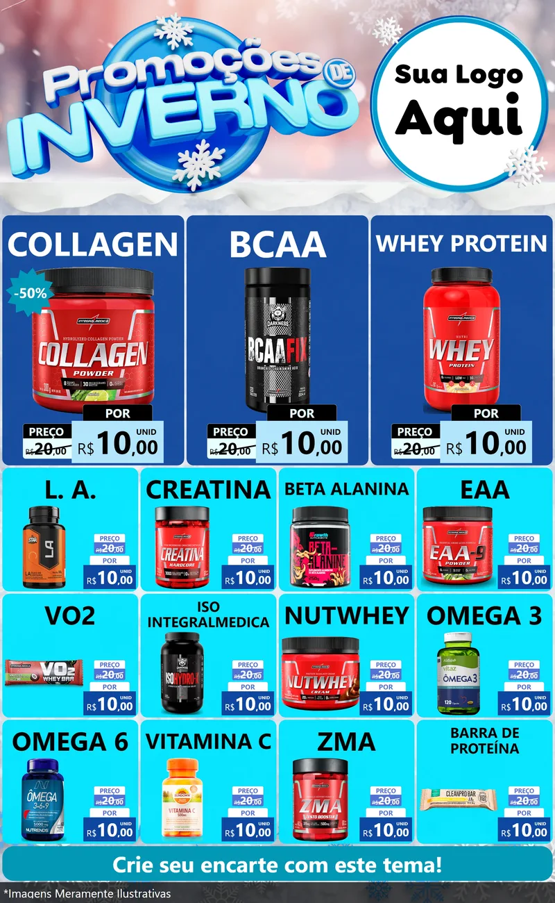 Modelo de Encarte para Encarte Grande com o tema Promoções de Inverno para Suplementos alimentares