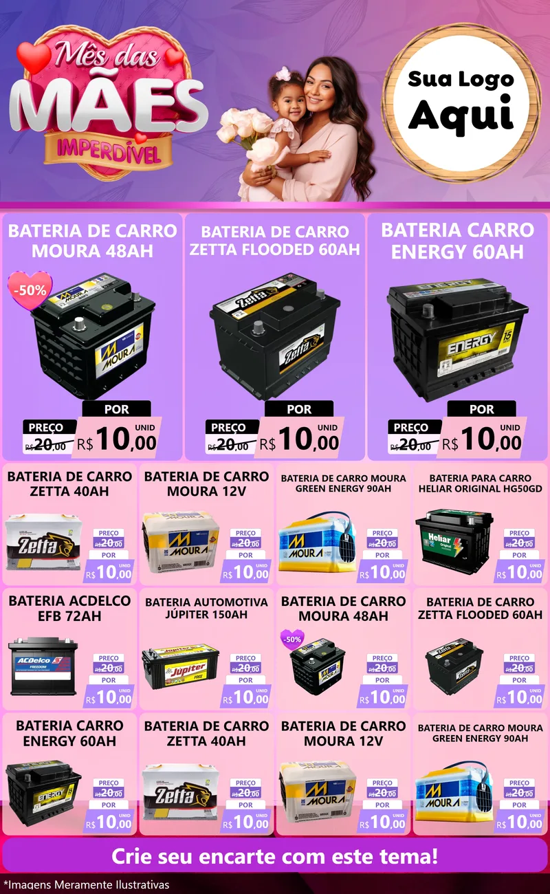 Modelo de Encarte para Encarte Grande com o tema Mês das Mães Imperdível para Baterias Elétricas