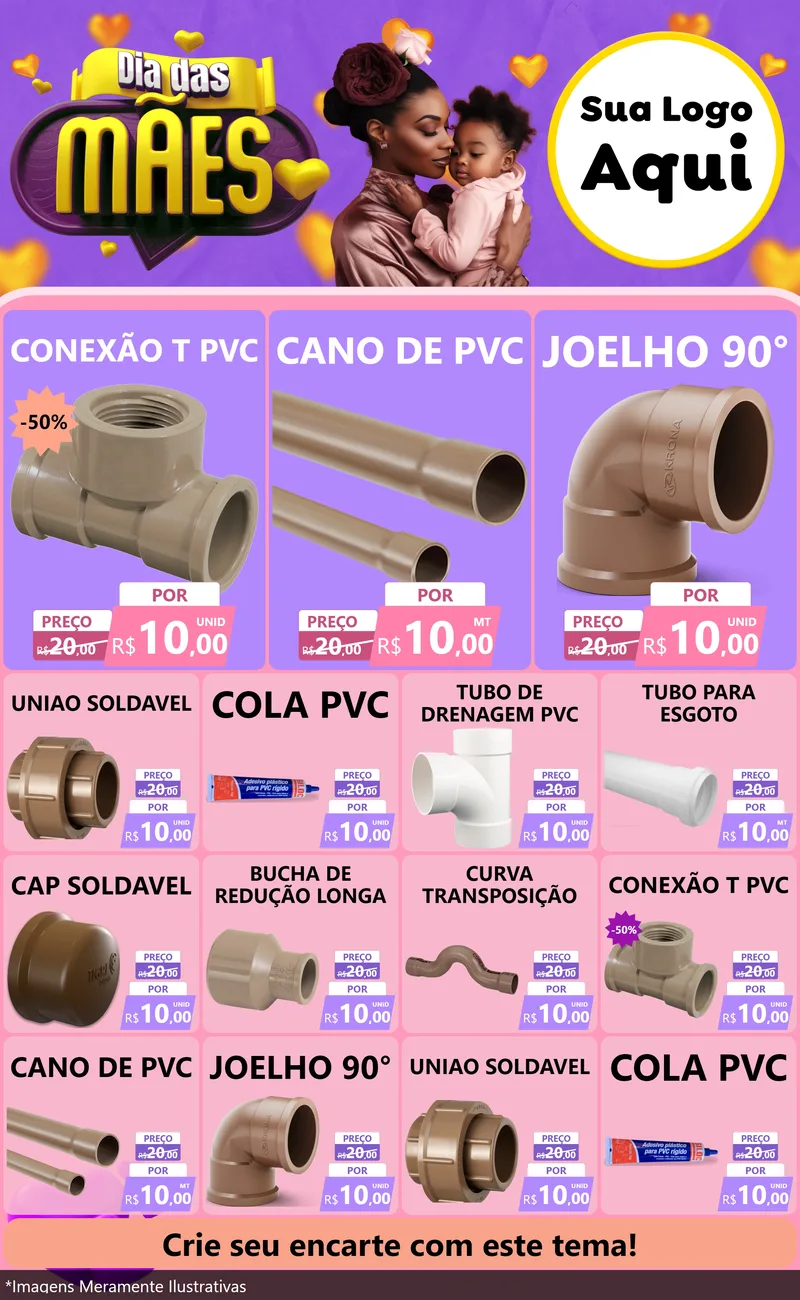 Modelo de Encarte para Encarte Grande com o tema Dia das Mães para Tubos e conexões