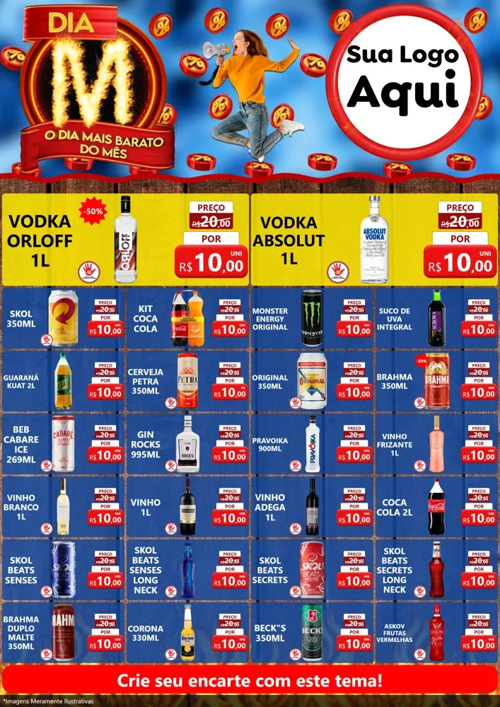 Modelo de Encarte para Encarte A4 Vertical com o tema Dia M - O Dia Mais Barato Do Mês para Distribuidora de bebidas