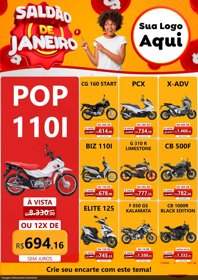 Modelo de Encarte para Encarte A4 Vertical com o tema Saldão de Janeiro para Concessionaria de Motos