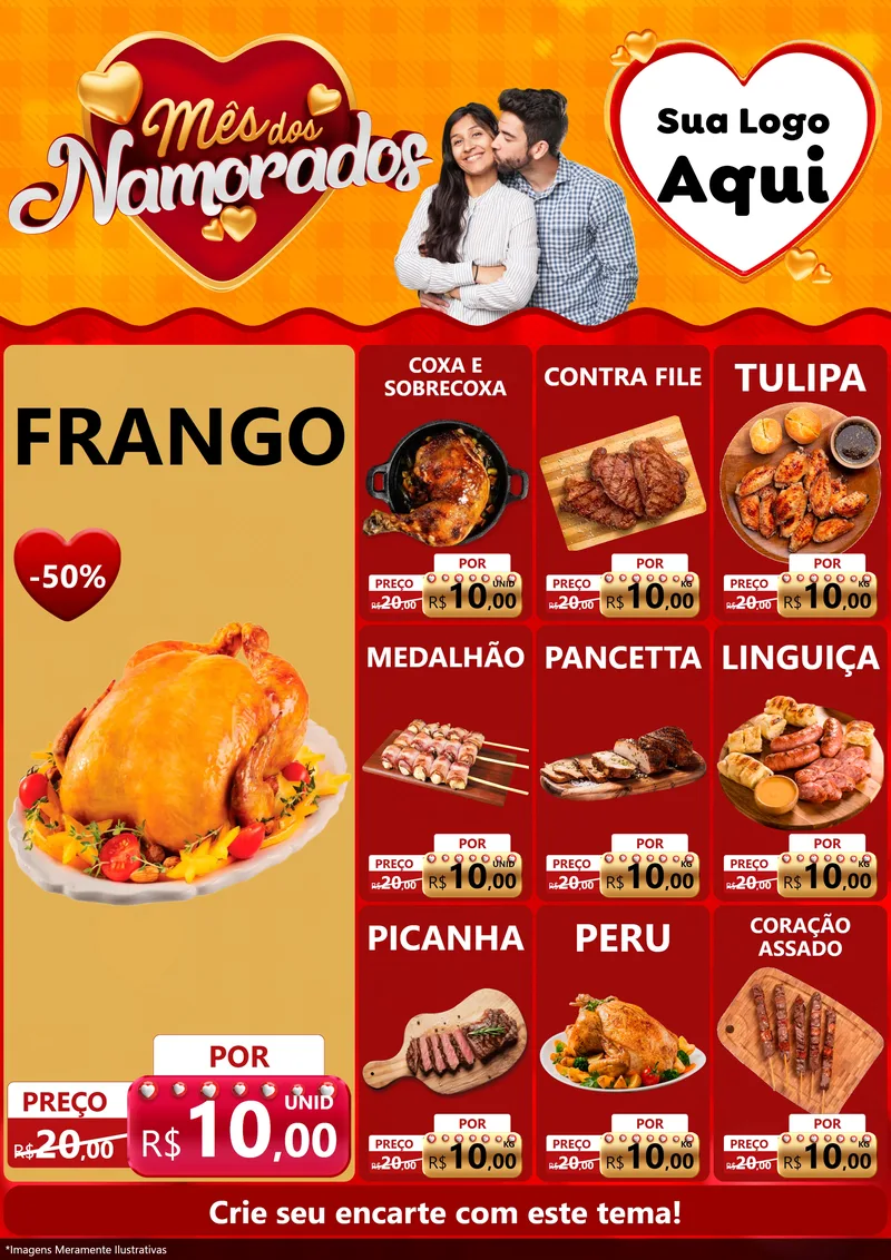 Modelo de Encarte para Encarte A4 Vertical com o tema Mês dos Namorados para Assados